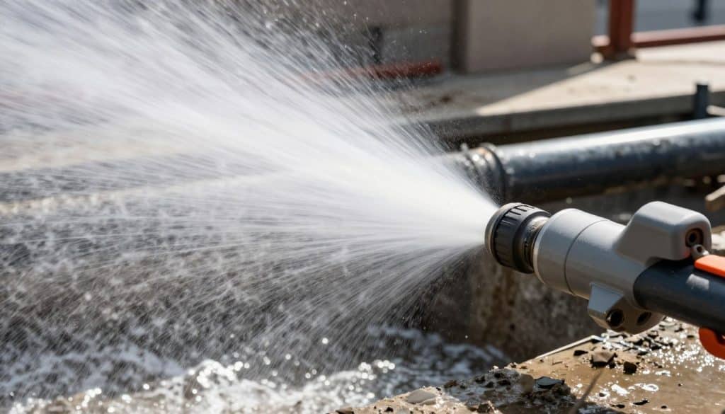 A dynamic scene depicting high-pressure water jetting in action, showcasing a powerful jet of water shooting from a high-tech hydro jetting tool. In the foreground, focus on the gleaming nozzle, releasing a strong, focused stream of water that creates a misty spray. The middle ground features a pipe being cleaned, with debris and grime being forcefully removed, illustrating the effectiveness of the method. The background includes blurred urban infrastructure, hinting at a plumbing environment in Chicago. Bright, natural lighting enhances the scene, casting reflections on the water. The mood is energetic and industrious, conveying the precision and power of hydro jetting as a drain cleaning solution. The angle should be slightly above eye level, capturing both the action and the equipment's details.