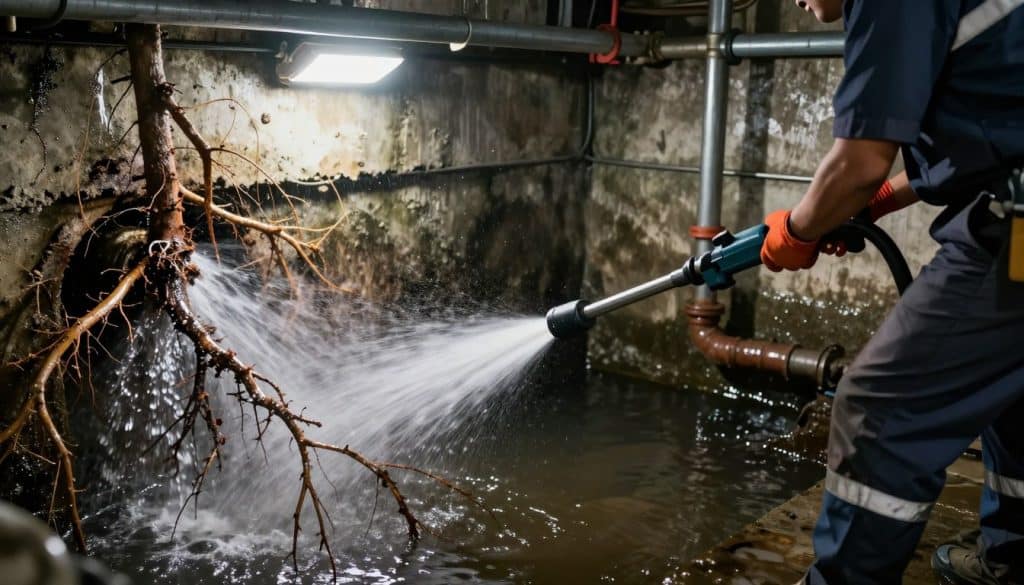 A dynamic scene in a sewer system showing a skilled technician in professional attire using a hydro jetting machine to clear tree roots from pipes. In the foreground, the technician focuses intently on the jetting equipment emitting a powerful stream of water, with droplets splashing around. The middle ground showcases the interior of a sewer pipe, where tangled roots are being dislodged by the force of the water. The background features dim, industrial lighting showcasing the texture of the concrete walls and the dark, murky water typical of sewer systems. The atmosphere is one of urgency and expertise, highlighting the effectiveness of hydro jetting in root intrusion removal. Use a slightly angled perspective to create depth and emphasize the action taking place. A dynamic scene in a sewer system showing a skilled technician in professional attire using a hydro jetting machine to clear tree roots from pipes. In the foreground, the technician focuses intently on the jetting equipment emitting a powerful stream of water, with droplets splashing around. The middle ground showcases the interior of a sewer pipe, where tangled roots are being dislodged by the force of the water. The background features dim, industrial lighting showcasing the texture of the concrete walls and the dark, murky water typical of sewer systems. The atmosphere is one of urgency and expertise, highlighting the effectiveness of hydro jetting in root intrusion removal. Use a slightly angled perspective to create depth and emphasize the action taking place.