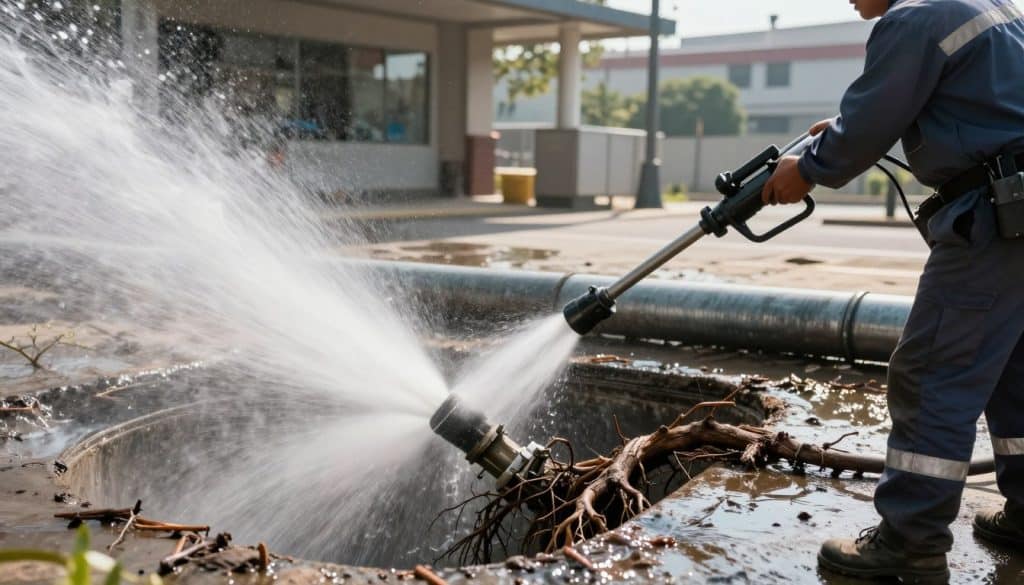 A dynamic scene showcasing a hydro jetting sewer line operation. In the foreground, a professional in a uniform operates a high-pressure hydro jetting machine, directing a powerful jet of water into a sewer pipe. Water sprays dynamically, creating a sense of motion and urgency. In the middle ground, the open sewer pipe is partially visible with tree roots being dislodged and washed away, highlighting the effectiveness of hydro jetting. In the background, city infrastructure is evident, with subtle shadows and reflections indicating a sunny day. Soft, natural lighting enhances the scene, creating an atmosphere of efficiency and professionalism. Capture this from a slightly low angle to emphasize the action and machinery, focusing on both the operator’s concentration and the water flow. The overall mood is industrious and confident. A dynamic scene showcasing a hydro jetting sewer line operation. In the foreground, a professional in a uniform operates a high-pressure hydro jetting machine, directing a powerful jet of water into a sewer pipe. Water sprays dynamically, creating a sense of motion and urgency. In the middle ground, the open sewer pipe is partially visible with tree roots being dislodged and washed away, highlighting the effectiveness of hydro jetting. In the background, city infrastructure is evident, with subtle shadows and reflections indicating a sunny day. Soft, natural lighting enhances the scene, creating an atmosphere of efficiency and professionalism. Capture this from a slightly low angle to emphasize the action and machinery, focusing on both the operator’s concentration and the water flow. The overall mood is industrious and confident.