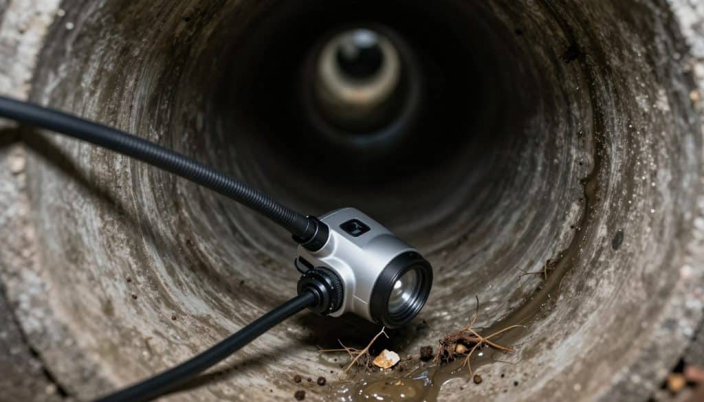 A high-resolution image of a sewer camera inspecting a drain. The foreground features the camera, sleek and modern with a long, flexible cable, positioned at the entrance of a dark, cylindrical sewer pipe. In the middle ground, the interior of the pipe is visible, showcasing rough concrete walls and water trickling along the sides. The camera's lens emits a subtle, focused light that brightens the immediate area, illuminating a few small debris and roots, suggesting the need for inspection. In the background, the pipe curves away into darkness, creating a sense of depth and mystery. The lighting is dim and moody, evoking the underground environment. The overall atmosphere is professional and technical, emphasizing the importance of drain and sewer camera inspections. A high-resolution image of a sewer camera inspecting a drain. The foreground features the camera, sleek and modern with a long, flexible cable, positioned at the entrance of a dark, cylindrical sewer pipe. In the middle ground, the interior of the pipe is visible, showcasing rough concrete walls and water trickling along the sides. The camera's lens emits a subtle, focused light that brightens the immediate area, illuminating a few small debris and roots, suggesting the need for inspection. In the background, the pipe curves away into darkness, creating a sense of depth and mystery. The lighting is dim and moody, evoking the underground environment. The overall atmosphere is professional and technical, emphasizing the importance of drain and sewer camera inspections.