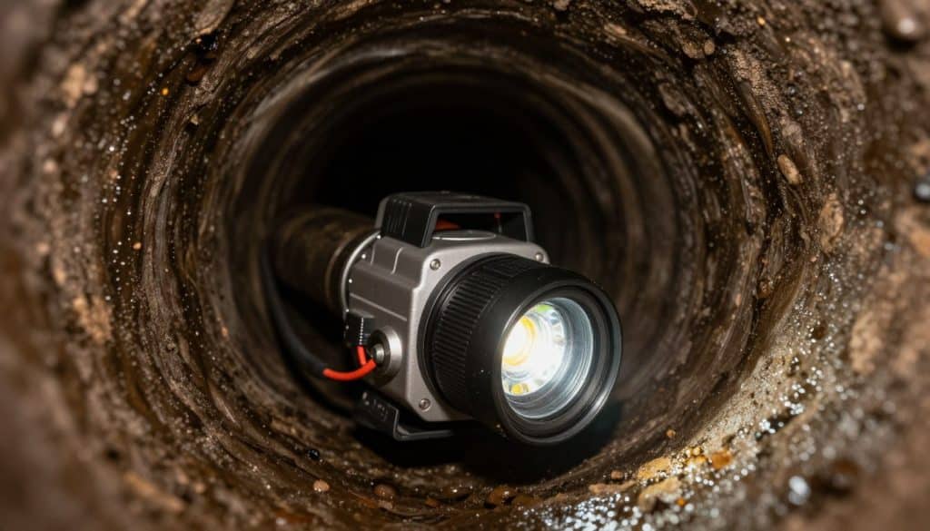 A high-resolution image of a sewer inspection camera positioned at the entrance of a dark, narrow drain pipe. In the foreground, the camera lens is sharply in focus, revealing intricate details of its casing, cables, and LED lights. The middle ground features the mouth of the drain, showcasing wet, textured walls covered in grime and moisture. In the background, soft shadows cascade along the curved pipe, hinting at the unseen depths of the sewer system. The lighting is dim, with a warm glow emanating from the camera's LEDs, creating a contrasting interplay between darkness and illumination. The atmosphere feels technical and exploratory, capturing the essence of non-invasive plumbing inspection. The image has no text, watermarks, or any human subjects.