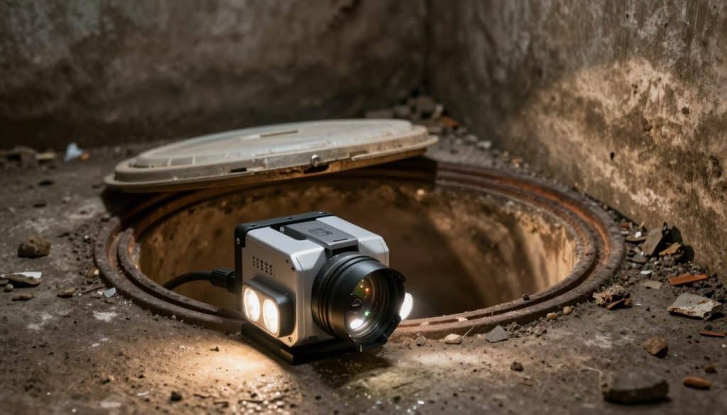 A high-tech drain camera system positioned on the edge of a manhole, facing into a dimly lit sewer pipe. In the foreground, the camera is detailed with visible cameras and LED lights, showcasing its advanced technology. The middle layer reveals a partially open sewer cover, with textured concrete and scattered debris around it, emphasizing an urban setting. In the background, the dark, damp ambiance of the sewer is illuminated by the soft glow of the camera lights, casting shadows on the pipe walls. The scene conveys a sense of preparation and professionalism, suitable for a drain inspection, with warm lighting to create an inviting atmosphere. A high-tech drain camera system positioned on the edge of a manhole, facing into a dimly lit sewer pipe. In the foreground, the camera is detailed with visible cameras and LED lights, showcasing its advanced technology. The middle layer reveals a partially open sewer cover, with textured concrete and scattered debris around it, emphasizing an urban setting. In the background, the dark, damp ambiance of the sewer is illuminated by the soft glow of the camera lights, casting shadows on the pipe walls. The scene conveys a sense of preparation and professionalism, suitable for a drain inspection, with warm lighting to create an inviting atmosphere.