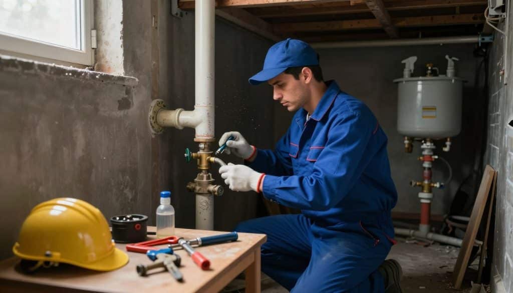 A licensed plumber in a professional attire, inspecting a gas line in a residential basement. The foreground features an organized workbench with plumbing tools and safety gear, while the middle ground reveals the plumber kneeling near a visibly old gas pipe that shows signs of wear. In the background, dim lighting casts a serious atmosphere, highlighting the importance of gas safety. Gentle light emanates from a nearby window, illuminating dust particles in the air. The scene is captured with a wide-angle lens to emphasize the cramped space while maintaining a clear focus on the plumber's diligent work, conveying a sense of professionalism and urgency in addressing potential gas line repairs.