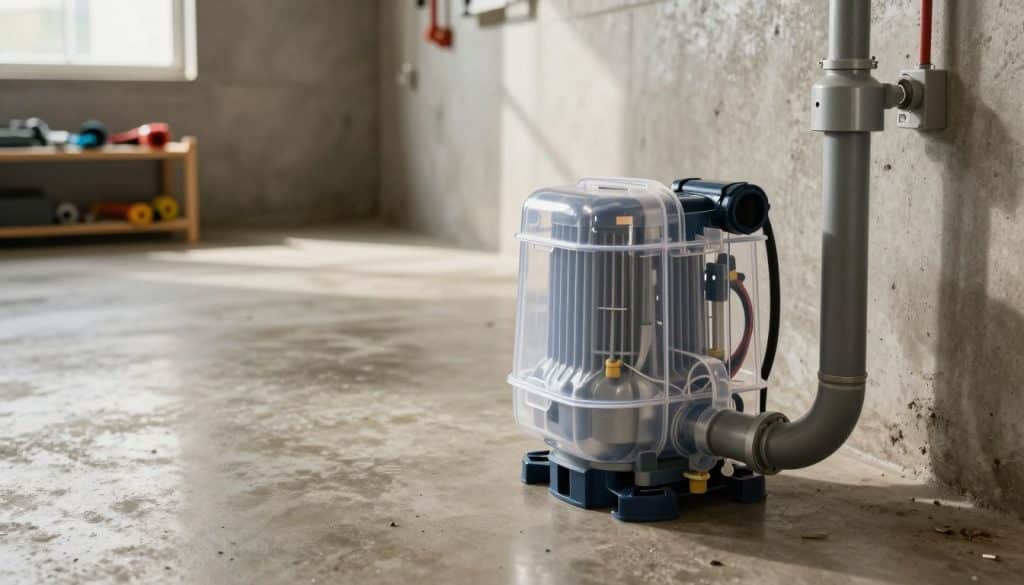 A modern sump pump system prominently displayed in a well-lit basement environment. In the foreground, focus on the sump pump, featuring a robust design with a clear plastic casing, visible wiring, and a sturdy discharge pipe. In the middle ground, showcase a clean, dry basement with polished concrete floors, cement walls, and utility shelves stocked with plumbing tools. The background should include a window with soft, natural light streaming in, highlighting the importance of natural drainage. The scene should have a professional, polished atmosphere, emphasizing cleanliness and functionality. Use a slightly elevated angle for depth, with warm lighting to create an inviting yet technical ambiance, suitable for an informative context.