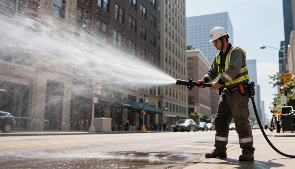 A professional hydro jetting scene in an urban Chicago setting. In the foreground, a well-dressed technician wearing a hard hat and safety gear operates a high-pressure hydro jetting machine, water spraying forcefully from a nozzle, creating an impressive arc. The technician is focused, demonstrating expertise. In the middle ground, a clear view of a city street is visible, with nearby buildings reflecting Chicago's architecture. The background features a bright and sunny day, adding an energetic mood. The lighting highlights the technician and the equipment, creating a dynamic contrast against the urban landscape. The angle captures the action from a slightly low perspective, emphasizing the power of the hydro jetting process while maintaining a professional atmosphere.