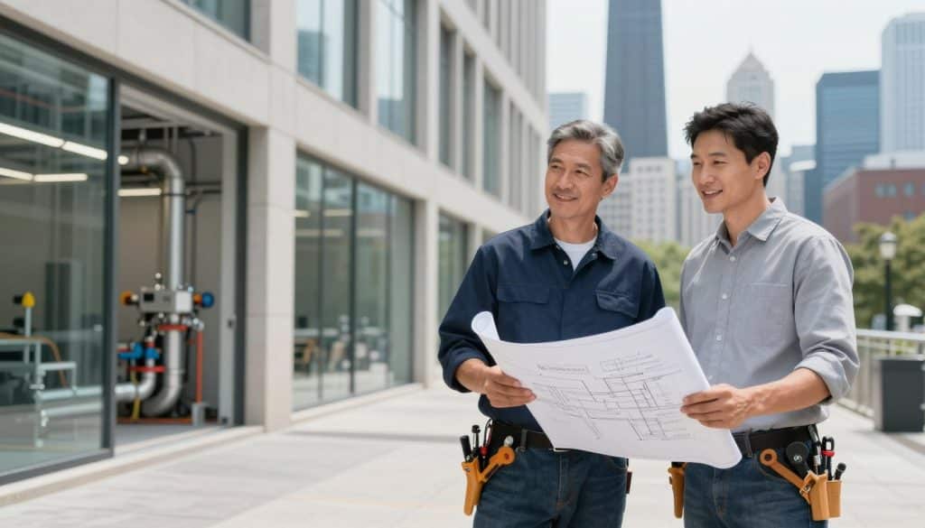 A professional plumbing team standing confidently in a modern commercial building setting in Chicago. The foreground features two professionals in business attire, one holding plumbing tools and the other discussing a blueprint. In the middle ground, capture the sleek interior of the building, showcasing efficient plumbing systems visible through transparent access panels. The background shows a city skyline with iconic Chicago architecture, slightly blurred to focus on the subjects. Soft, natural lighting floods the scene, emphasizing professionalism and trust. Use a wide-angle perspective to create depth, conveying a sense of reliability and expertise. The atmosphere is uplifting and encouraging, highlighting the benefits of choosing J Sewer & Drain Plumbing Inc. for commercial plumbing solutions. A professional plumbing team standing confidently in a modern commercial building setting in Chicago. The foreground features two professionals in business attire, one holding plumbing tools and the other discussing a blueprint. In the middle ground, capture the sleek interior of the building, showcasing efficient plumbing systems visible through transparent access panels. The background shows a city skyline with iconic Chicago architecture, slightly blurred to focus on the subjects. Soft, natural lighting floods the scene, emphasizing professionalism and trust. Use a wide-angle perspective to create depth, conveying a sense of reliability and expertise. The atmosphere is uplifting and encouraging, highlighting the benefits of choosing J Sewer & Drain Plumbing Inc. for commercial plumbing solutions.