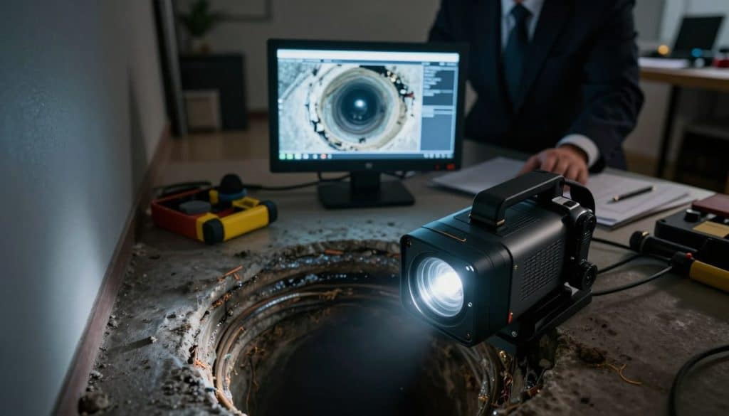 A top-down view of a sewer camera inspection in a residential setting, highlighting the advanced technology used. In the foreground, a sleek, durable camera with bright LED lights is positioned in a dark, narrow sewer pipe, capturing intricate details of the pipe's interior. In the middle ground, a monitor displays a clear image of the sewer’s structural condition, showcasing cracks and blockages with precision. In the background, a technician in professional business attire attentively observes the monitor, surrounded by tools of the trade and attention to details in the workspace. The lighting is dim and moody, accentuating the contrast between the illuminated camera and the dark pipe. The atmosphere conveys professionalism and reassurance, emphasizing the non-invasive nature of the inspection process.