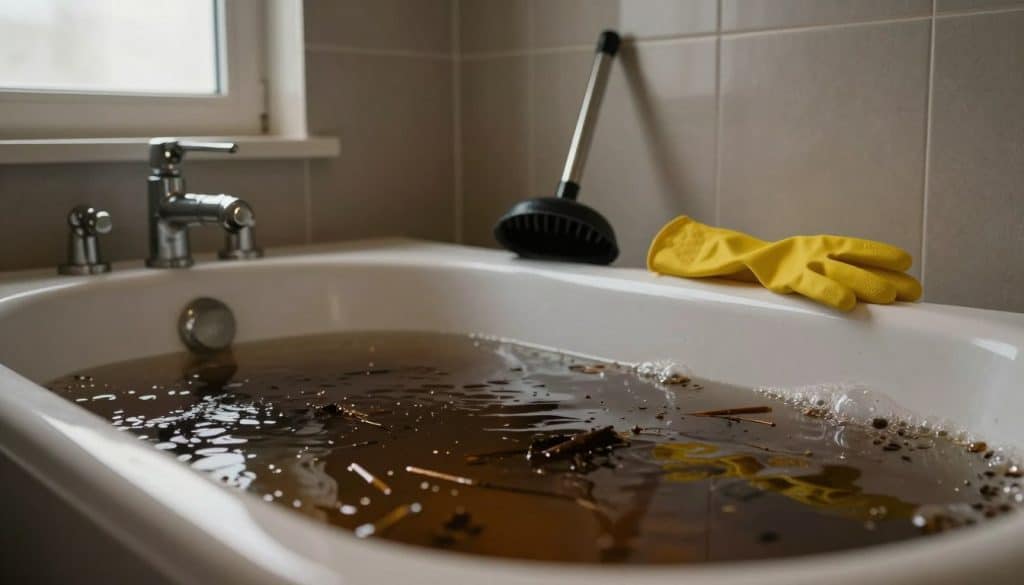 A bathtub filled with dark, murky wastewater, showcasing a mixture of brownish water and debris floating on the surface. In the foreground, subtle details of bubbles can be observed along the rim of the tub, while a plunger and a pair of yellow rubber gloves rest nearby, suggesting an urgent response to a plumbing issue. The middle ground features an elegant bathroom setting, with tiled walls and dim yet focused lighting illuminating the scene, creating a tense atmosphere. In the background, a frosted window lets in a hint of natural light, hinting at a cloudy day outside. The overall mood is urgent and serious, emphasizing the immediate need for action while ensuring the image remains tastefully composed and safe for all audiences. No human subjects are present in this depiction. A bathtub filled with dark, murky wastewater, showcasing a mixture of brownish water and debris floating on the surface. In the foreground, subtle details of bubbles can be observed along the rim of the tub, while a plunger and a pair of yellow rubber gloves rest nearby, suggesting an urgent response to a plumbing issue. The middle ground features an elegant bathroom setting, with tiled walls and dim yet focused lighting illuminating the scene, creating a tense atmosphere. In the background, a frosted window lets in a hint of natural light, hinting at a cloudy day outside. The overall mood is urgent and serious, emphasizing the immediate need for action while ensuring the image remains tastefully composed and safe for all audiences. No human subjects are present in this depiction.