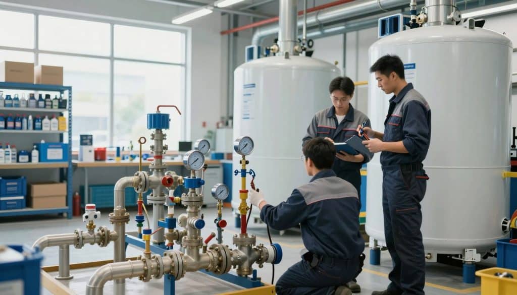 A bustling industrial setting showcasing a commercial plumbing service in action. In the foreground, two professional plumbers, dressed in smart uniforms and safety gear, are inspecting a large, modern boiler system, utilizing tools and gauges. In the middle ground, various plumbing fixtures and pipes are neatly arranged, illustrating the complexity of commercial plumbing systems. The background features a well-lit workspace with shelves stocked with plumbing supplies, and a large window allowing natural light to flood the scene. The atmosphere conveys professionalism and expertise, with a subtle blue and white color palette, lending a sense of trust and efficiency. The image is captured with a wide-angle lens to encompass the entire workspace, highlighting the scale and organization of the plumbing operation.