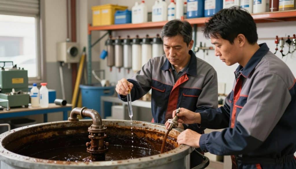 A bustling urban plumbing workshop dedicated to grease disposal, featuring professional plumbers in business attire meticulously inspecting a large grease trap waste container. In the foreground, one plumber holds a water sample while the other examines the waste system, both showcasing serious expressions of focus and determination. The middle ground includes various plumbing tools and equipment, necessary for efficient grease trap waste management. The background highlights a brightly lit workshop with industrial shelving stocked with cleaning materials and filtration systems. Soft, warm lighting creates an inviting atmosphere, emphasizing professionalism and care in waste disposal. The overall mood conveys diligence and expertise in handling grease disposal responsibly and efficiently. A bustling urban plumbing workshop dedicated to grease disposal, featuring professional plumbers in business attire meticulously inspecting a large grease trap waste container. In the foreground, one plumber holds a water sample while the other examines the waste system, both showcasing serious expressions of focus and determination. The middle ground includes various plumbing tools and equipment, necessary for efficient grease trap waste management. The background highlights a brightly lit workshop with industrial shelving stocked with cleaning materials and filtration systems. Soft, warm lighting creates an inviting atmosphere, emphasizing professionalism and care in waste disposal. The overall mood conveys diligence and expertise in handling grease disposal responsibly and efficiently.