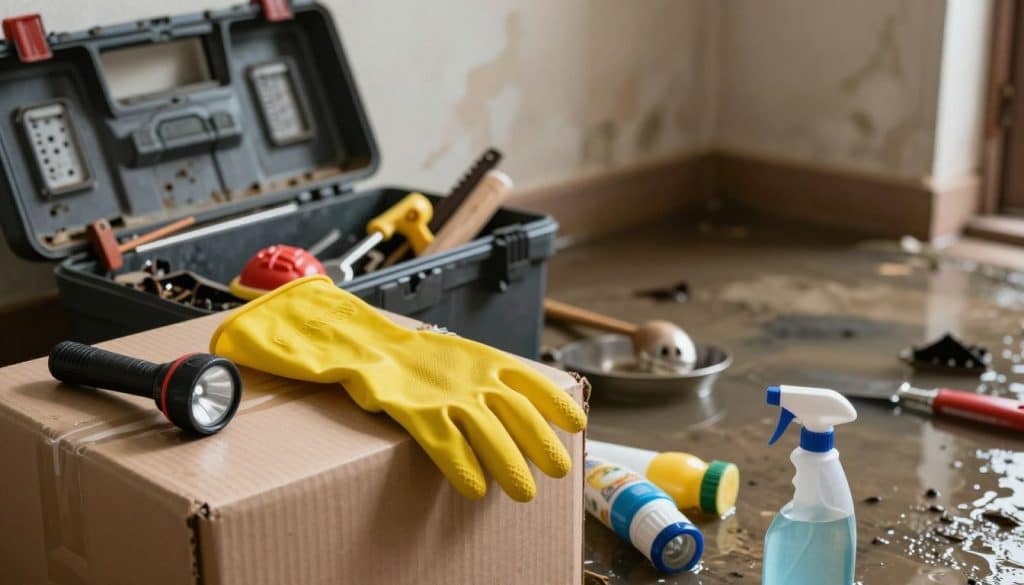 A close-up image showcasing a variety of household items affected by a sewage backup. In the foreground, a pair of rubber gloves rests atop a stack of water-damaged cardboard boxes, with a flashlight and cleaning supplies nearby. The middle ground features a partially open toolbox with tools, some rusted, indicating neglect, alongside a few salvaged items like a toy and kitchen utensils, partially submerged in murky water. The background reveals a dimly lit space with peeling walls and flooded flooring, creating an atmosphere of urgency and messiness. Soft, natural light filters in to highlight the texture of the items, reflecting the weight of sorting through possessions after a disaster. The overall mood is one of determination amidst chaos, focusing on the importance of cleanup and recovery.