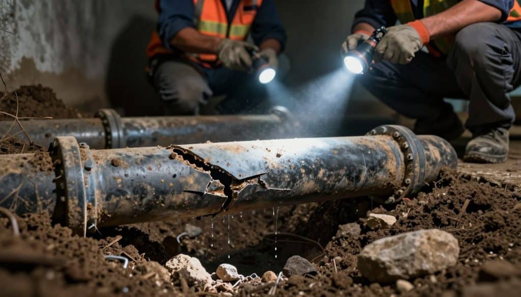 A detailed scene depicting various sewer line signs related to sewer line damage. In the foreground, close-up images of bright yellow and orange warning signs with icons like "Leak", "Caution", and "Warning: Sewer Ahead" are prominently displayed, showing wear and age. The middle ground features a partially opened manhole cover with water pooling around it, hinting at potential leaks. In the background, a dimly-lit urban alley with brick walls and a hint of greenery encroaching on the pavement creates a stark contrast. Soft, diffused lighting casts a moody atmosphere, emphasizing the seriousness of sewer line issues. The composition focuses on the signs and their implications for maintenance and repair, professionally portraying the urgency of recognizing sewer line damage signals. A close-up view of a damaged sewer line, buried underground, with visible cracks and leaks. In the foreground, soil and rocks are displaced, revealing the aging pipes with corrosion and signs of wear. The middle ground features a pair of professional workers, dressed in uniforms and safety gear, inspecting the pipe with flashlights, showcasing concern and diligence. The background includes a dark, moody tunnel with dripping water and faint shadows, enhancing the atmosphere of an urgent repair scenario. Soft, diffused lighting highlights the details of the pipes and the workers, creating a serious yet focused ambiance that emphasizes the necessity of immediate attention for sewer line repairs. - sewer line leak repair
