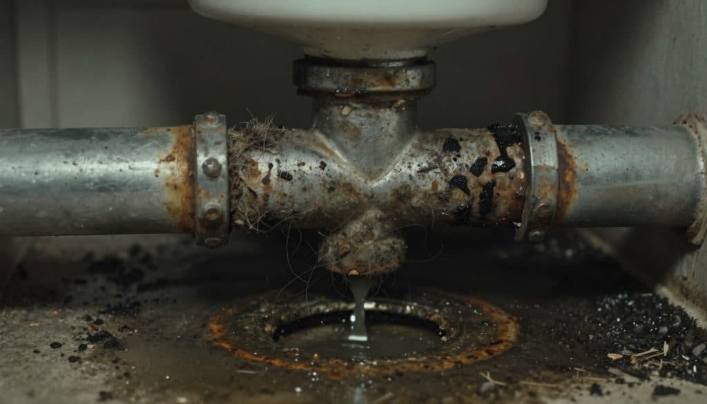 A close-up view of a drainpipe showing significant buildup of hair, grease, and debris, illustrating the urgent need for drain cleaning. In the foreground, a partially clogged drain reveals dark, murky water pooling around it, with fine details of the grime and material visible. In the middle ground, the drain's metallic edges are rusted and stained, giving a stark contrast to the buildup. The background features a dimly lit bathroom setting, with shadows emphasizing the depth and complexity of the plumbing system. Soft, overhead lighting casts a slightly eerie mood, suggesting neglect while highlighting the importance of maintenance for plumbing systems. The image exudes a sense of urgency and the necessity for clean conditions, inviting viewers to reflect on the implications for home plumbing health.