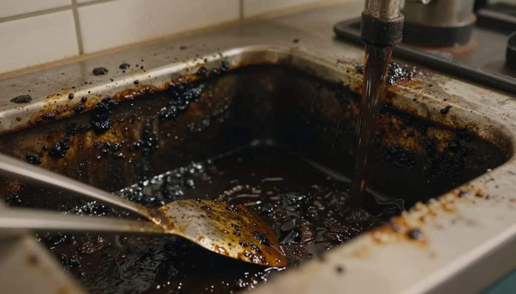 A close-up view of a grease trap with thick, dark grease and oil pooling at the bottom, emphasizing the viscous texture. In the foreground, there are greasy utensils such as a spatula and spoon, splattered with food residues. The middle layer reveals the open grease trap, showcasing its metal edges and residues indicating a recent cleaning effort. The background features a dimly lit kitchen with muted colors, highlighting the importance of proper disposal. Soft, warm lighting casts subtle shadows, adding depth and creating a slightly grim atmosphere. Capture the essence of the grease and fat composition, emphasizing why these substances should never enter drains, evoking a sense of awareness about plumbing issues. A close-up view of a grease trap with thick, dark grease and oil pooling at the bottom, emphasizing the viscous texture. In the foreground, there are greasy utensils such as a spatula and spoon, splattered with food residues. The middle layer reveals the open grease trap, showcasing its metal edges and residues indicating a recent cleaning effort. The background features a dimly lit kitchen with muted colors, highlighting the importance of proper disposal. Soft, warm lighting casts subtle shadows, adding depth and creating a slightly grim atmosphere. Capture the essence of the grease and fat composition, emphasizing why these substances should never enter drains, evoking a sense of awareness about plumbing issues.