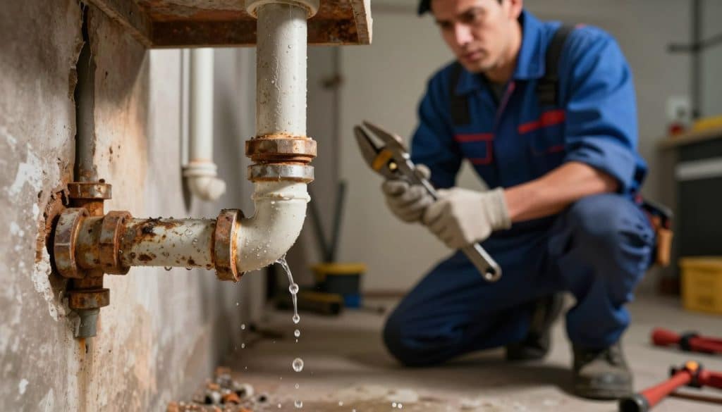 A close-up view of a leaking water pipe in a home setting, showcasing water droplets cascading from the pipe’s joint. In the foreground, focus on the glistening droplets, with the pipe intricately detailed to reveal rust and wear. The middle layer includes a plumber in professional attire, kneeling beside the pipe with a pipe wrench in hand, displaying a look of concentration and concern as they diagnose the issue. In the background, a dimly lit basement is visible, with scattered tools and pipes, evoking a mood of urgency and professionalism. Soft, warm lighting highlights the leak while shadows create a sense of depth, emphasizing the seriousness of the repair task at hand. A close-up view of a leaking water pipe in a home setting, showcasing water droplets cascading from the pipe’s joint. In the foreground, focus on the glistening droplets, with the pipe intricately detailed to reveal rust and wear. The middle layer includes a plumber in professional attire, kneeling beside the pipe with a pipe wrench in hand, displaying a look of concentration and concern as they diagnose the issue. In the background, a dimly lit basement is visible, with scattered tools and pipes, evoking a mood of urgency and professionalism. Soft, warm lighting highlights the leak while shadows create a sense of depth, emphasizing the seriousness of the repair task at hand.