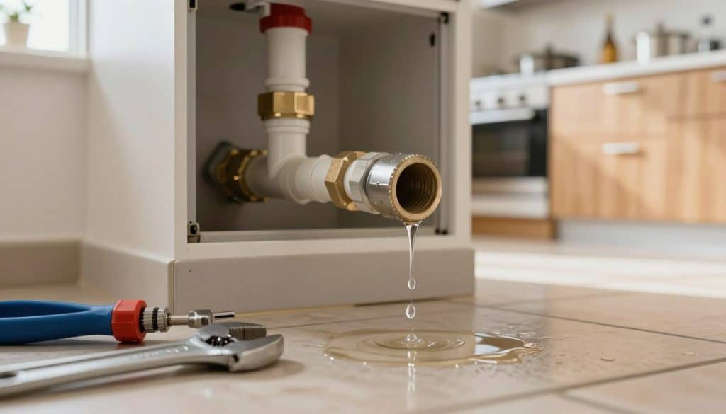 A close-up view of a leaking water pipe in a residential setting, showcasing a steady drip of water forming a small puddle on a tiled floor. In the foreground, include a wrench and some plumbing tools neatly arranged, emphasizing a professional approach to plumbing repairs. The middle ground features a slightly open access panel, revealing the pipe and its connections, while the background captures a well-lit kitchen with warm tones, giving a homely atmosphere. Use natural light streaming in through a window, enhancing the realism of the scene. The overall mood should convey diligence and expertise in plumbing repair, creating an educational yet approachable visual for readers interested in DIY repairs. A close-up view of a leaking water pipe in a residential setting, showcasing a steady drip of water forming a small puddle on a tiled floor. In the foreground, include a wrench and some plumbing tools neatly arranged, emphasizing a professional approach to plumbing repairs. The middle ground features a slightly open access panel, revealing the pipe and its connections, while the background captures a well-lit kitchen with warm tones, giving a homely atmosphere. Use natural light streaming in through a window, enhancing the realism of the scene. The overall mood should convey diligence and expertise in plumbing repair, creating an educational yet approachable visual for readers interested in DIY repairs.