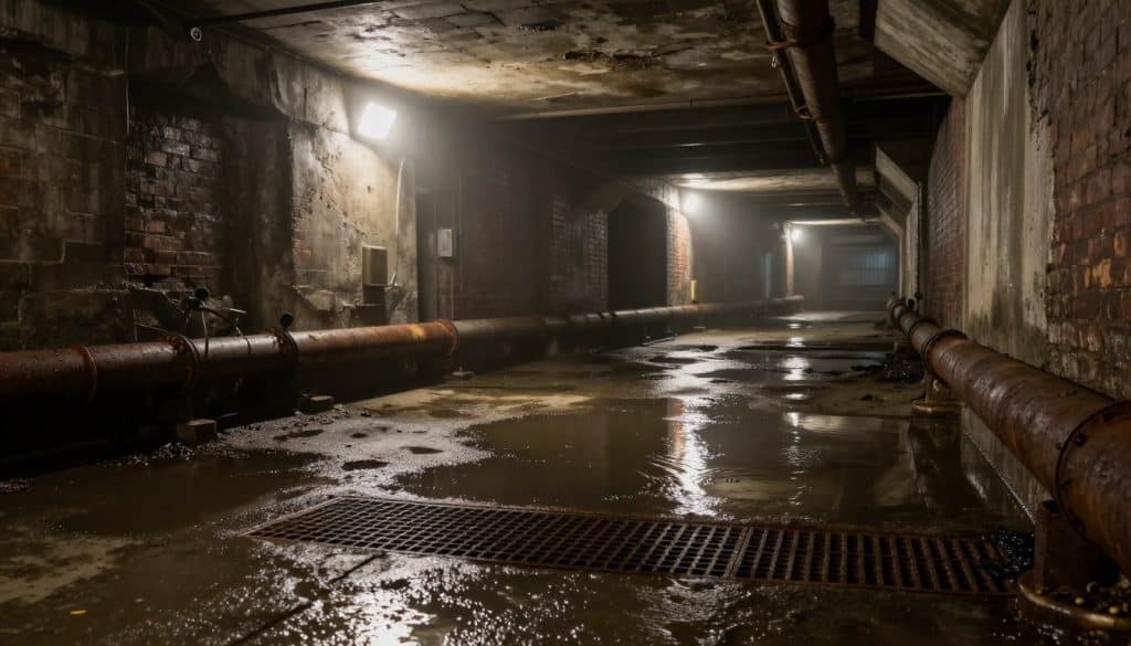 A dark, atmospheric underground sewer system in Chicago, showcasing a labyrinth of damp, concrete tunnels with flickering industrial lights casting eerie shadows. In the foreground, a drainage grate overflows with murky water, while rusted pipes emerge from the walls, hinting at neglect. The middle ground features puddles reflecting the light, creating a sense of depth and dimension. The background displays exposed brick walls, revealing signs of wear and buildup from years of use. The image is captured from a low angle to emphasize the overall scale and complexity of the sewer environment, with a slight mist hovering around, enhancing the mysterious and somewhat foreboding atmosphere. A dark, atmospheric underground sewer system in Chicago, showcasing a labyrinth of damp, concrete tunnels with flickering industrial lights casting eerie shadows. In the foreground, a drainage grate overflows with murky water, while rusted pipes emerge from the walls, hinting at neglect. The middle ground features puddles reflecting the light, creating a sense of depth and dimension. The background displays exposed brick walls, revealing signs of wear and buildup from years of use. The image is captured from a low angle to emphasize the overall scale and complexity of the sewer environment, with a slight mist hovering around, enhancing the mysterious and somewhat foreboding atmosphere.