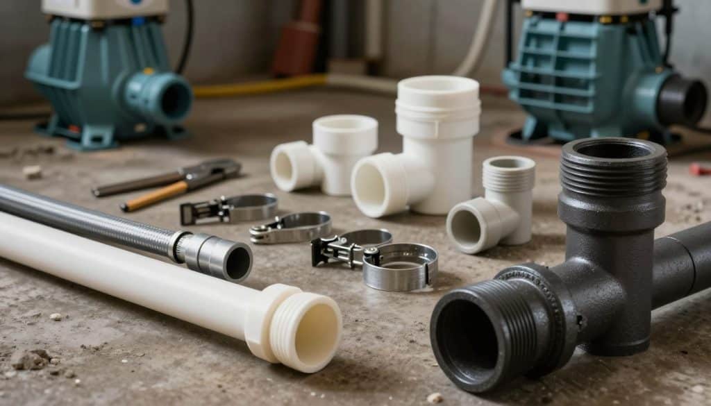 A detailed illustration of various sump pump discharge pipe options, prominently featuring different pipe materials like PVC, ABS, and cast iron. In the foreground, display two distinct discharge pipe configurations, one with a flexible hose attachment and the other with a solid pipe structure, showcasing their connection to a sump pump. In the middle ground, include tools like clamps, tees, and elbows arranged neatly to suggest installation work. The background should feature a blurred view of a basement setting, with dim lighting highlighting the pipes and tools, creating a focused atmosphere. The image should evoke a sense of professionalism and technicality, useful for educating homeowners about options that influence installation costs. The perspective should be slightly angled, like a professional product photo taken with a 50mm lens. A detailed illustration of various sump pump discharge pipe options, prominently featuring different pipe materials like PVC, ABS, and cast iron. In the foreground, display two distinct discharge pipe configurations, one with a flexible hose attachment and the other with a solid pipe structure, showcasing their connection to a sump pump. In the middle ground, include tools like clamps, tees, and elbows arranged neatly to suggest installation work. The background should feature a blurred view of a basement setting, with dim lighting highlighting the pipes and tools, creating a focused atmosphere. The image should evoke a sense of professionalism and technicality, useful for educating homeowners about options that influence installation costs. The perspective should be slightly angled, like a professional product photo taken with a 50mm lens.