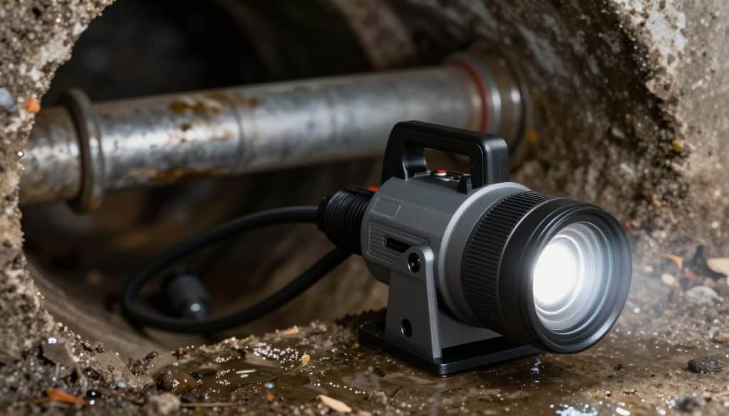 A detailed sewer camera for professional plumbing inspections, prominently positioned in the foreground. The camera features a lens with a light ring, showcasing its high-tech design and robust construction. In the middle, a coiled cable extends from the camera, hinting at its functionality to navigate through pipes. The background depicts a dimly lit sewer pipe, with hints of water and debris, illuminated by the camera's bright light. The atmosphere is technical and professional, evoking a sense of precision and expertise in plumbing work. The lighting is focused and contrasts the dark surroundings, creating a suitable environment for showcasing the drain camera's capabilities.
