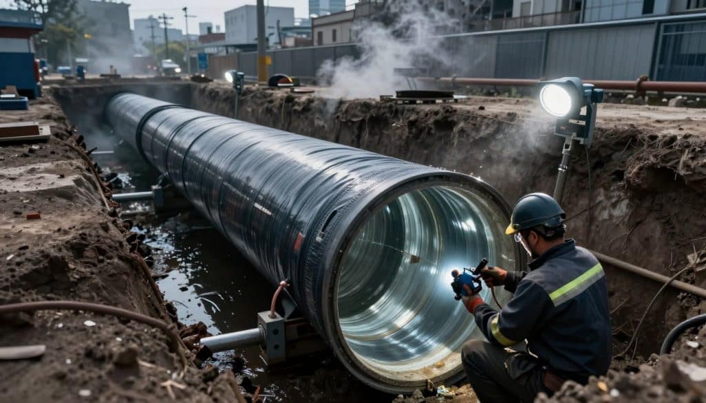 A detailed view of a sewer pipe lining process in an urban setting, showcasing a large, partially-excavated sewer pipe. In the foreground, a technician in professional work attire is carefully examining the pipe's interior, while holding specialized equipment. In the middle ground, a large, flexible liner is being inserted into the pipe, illuminated by bright work lights that create a stark contrast against the dark, wet surface of the sewer. The background features a cityscape with buildings partially obscured by steam rising from nearby manholes, adding to the industrial atmosphere. The composition emphasizes clarity and functionality, depicting the innovative CIPP (Cured-In-Place Pipe) process in a dynamic and informative way, with a cool, muted color palette to reflect the environment's seriousness. A detailed view of a sewer pipe lining process in an urban setting, showcasing a large, partially-excavated sewer pipe. In the foreground, a technician in professional work attire is carefully examining the pipe's interior, while holding specialized equipment. In the middle ground, a large, flexible liner is being inserted into the pipe, illuminated by bright work lights that create a stark contrast against the dark, wet surface of the sewer. The background features a cityscape with buildings partially obscured by steam rising from nearby manholes, adding to the industrial atmosphere. The composition emphasizes clarity and functionality, depicting the innovative CIPP (Cured-In-Place Pipe) process in a dynamic and informative way, with a cool, muted color palette to reflect the environment's seriousness.