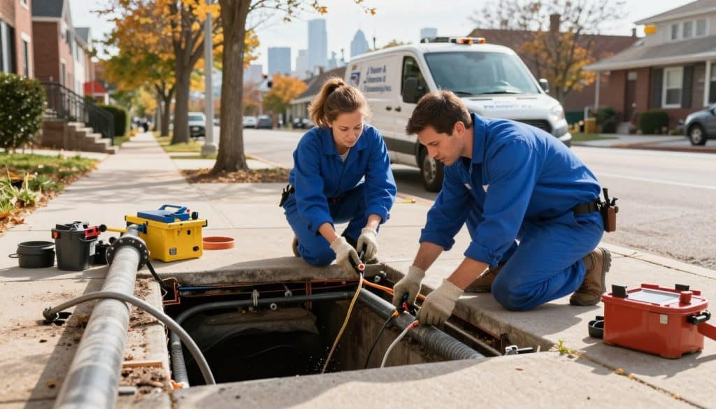 A male and female plumber in blue uniforms are working together on an underground sewer line in a residential Chicago neighborhood, surrounded by exposed pipes and tools. The foreground features open sewer access with water pipes and repair equipment, showcasing their teamwork. In the middle ground, a small service van branded with "J Sewer & Drain Plumbing Inc." is parked nearby, highlighting their business presence. The background includes autumnal trees lining the street, with Chicago’s skyline faintly visible. Bright morning light casts soft shadows, creating a professional and welcoming atmosphere. The overall mood is focused and industrious, emphasizing expertise in sewer repair while maintaining a warm, local charm. A male and female plumber in blue uniforms are working together on an underground sewer line in a residential Chicago neighborhood, surrounded by exposed pipes and tools. The foreground features open sewer access with water pipes and repair equipment, showcasing their teamwork. In the middle ground, a small service van branded with "J Sewer & Drain Plumbing Inc." is parked nearby, highlighting their business presence. The background includes autumnal trees lining the street, with Chicago’s skyline faintly visible. Bright morning light casts soft shadows, creating a professional and welcoming atmosphere. The overall mood is focused and industrious, emphasizing expertise in sewer repair while maintaining a warm, local charm.