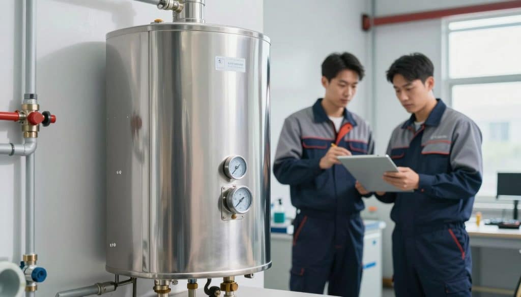 A modern commercial water heater system, prominently displayed in a well-lit industrial plumbing environment. In the foreground, a sleek, stainless-steel water heater with labeled valves and gauges, reflecting professionalism and technology. In the middle ground, skilled technicians in professional business attire examining the unit, showcasing expertise and reliability. The background features a clean and organized plumbing workshop with pipes and tools, suggesting a well-maintained facility. Bright, natural lighting emphasizes the sheen of the metal and creates a sense of cleanliness and efficiency. The overall atmosphere is one of dependability and trust, reinforcing the theme of quality commercial plumbing solutions.