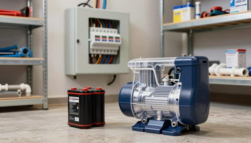 A modern sump pump setup in a well-lit basement, showcasing the intricate components of a backup system. In the foreground, emphasize a high-quality sump pump with a transparent casing to reveal its internal mechanics, including a sturdy battery backup unit nearby. In the middle ground, display an electrical panel with visible wires, demonstrating the power source connections necessary for operation. The background should feature organized shelving with tools and plumbing supplies, all set in a neat, professional environment. Use soft, natural lighting to create a clean and technical atmosphere, with the camera angle slightly elevated to capture the depth of the space. Highlight the reliability and safety of this essential plumbing system. A modern sump pump setup in a well-lit basement, showcasing the intricate components of a backup system. In the foreground, emphasize a high-quality sump pump with a transparent casing to reveal its internal mechanics, including a sturdy battery backup unit nearby. In the middle ground, display an electrical panel with visible wires, demonstrating the power source connections necessary for operation. The background should feature organized shelving with tools and plumbing supplies, all set in a neat, professional environment. Use soft, natural lighting to create a clean and technical atmosphere, with the camera angle slightly elevated to capture the depth of the space. Highlight the reliability and safety of this essential plumbing system.