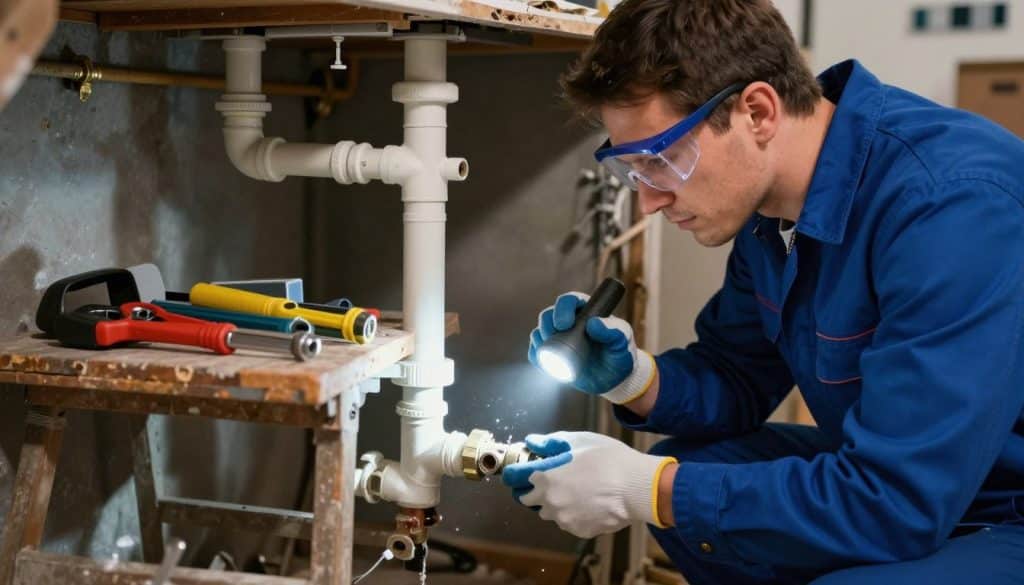 A professional plumber in a blue uniform inspects a leaky water pipe in a dimly lit basement, tools neatly arranged on a small, sturdy workbench to the side. He is wearing safety goggles and gloves, emphasizing the importance of safety in plumbing repairs. In the foreground, the focus is on the plumber's concentrated expression as he examines the damaged pipe, with a flashlight illuminating the water leak. The middle ground displays various plumbing tools, while the background reveals a cluttered but organized basement with exposed pipes and dim lighting, creating a serious atmosphere. The overall mood highlights diligence and professionalism in pipe repair work. The image captures the essence of safety first in plumbing. A professional plumber in a blue uniform inspects a leaky water pipe in a dimly lit basement, tools neatly arranged on a small, sturdy workbench to the side. He is wearing safety goggles and gloves, emphasizing the importance of safety in plumbing repairs. In the foreground, the focus is on the plumber's concentrated expression as he examines the damaged pipe, with a flashlight illuminating the water leak. The middle ground displays various plumbing tools, while the background reveals a cluttered but organized basement with exposed pipes and dim lighting, creating a serious atmosphere. The overall mood highlights diligence and professionalism in pipe repair work. The image captures the essence of safety first in plumbing.