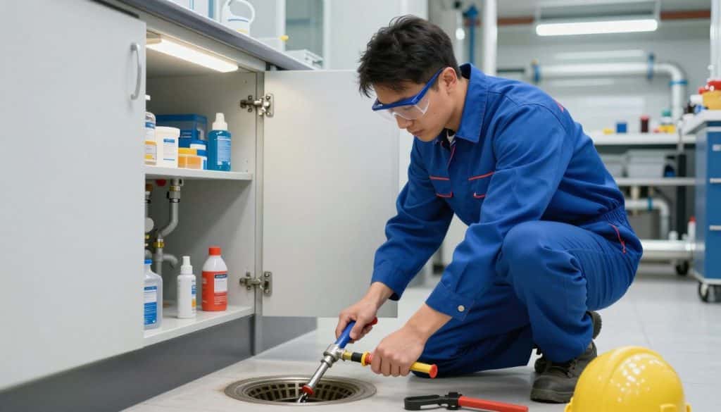 A professional plumber in a clean, industrial setting, wearing a blue uniform and safety goggles, crouches next to a floor drain, using a drain cleaning tool. The foreground emphasizes the plumber's focused expression and detailed equipment, showcasing tools and a working environment. In the middle, a slightly open utility cupboard reveals neatly organized plumbing supplies, with bright overhead fluorescent lights illuminating the space. The background features pipes and plumbing installations, emphasizing a well-maintained, commercial plumbing setup. The atmosphere is focused and industrious, reflecting the importance of preventive maintenance in ensuring smooth operations. The lighting is bright and efficient, highlighting the professionalism of the scene while creating a sense of reliability and trust in the plumbing service.