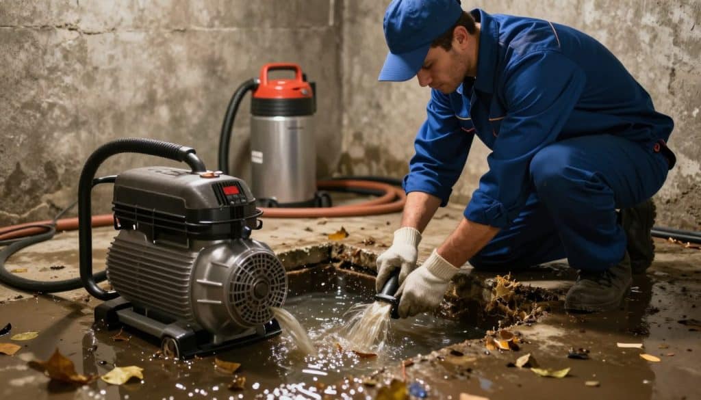 A professional sewer and drain technician in a clean uniform, actively working to remove sewage water from a flooded basement. In the foreground, a high-powered pump is extracting murky water while debris like leaves and small pieces of insulation float around. In the middle ground, tools such as a wet vacuum and hoses are neatly arranged, emphasizing the systematic cleanup approach. The background shows the basement's concrete walls and a dimly lit environment, with subtle water reflections on the floor. The lighting is warm, creating a sense of urgency but also hope. The atmosphere conveys determination and professionalism. The composition is slightly angled to emphasize the action, capturing the essence of effective sewage backup cleanup.