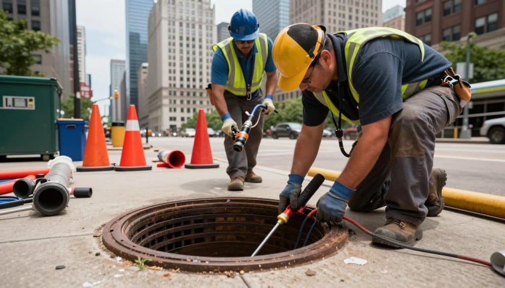 A vibrant urban scene depicting a professional sewer and drain repair crew at work in Chicago, IL. In the foreground, two technicians in professional uniforms are inspecting a sewer line with advanced tools, focused and diligent. The middle ground showcases a large, open manhole surrounded by safety cones, with equipment and pipes scattered around. In the background, iconic Chicago architecture rises against a clear blue sky, providing context and depth. Soft, natural lighting highlights the activity and emphasizes the professionalism of the team. The angle captures a dynamic view, enhancing the sense of urgency and dedication in the repair process, evoking a sense of reliability and expertise in sewer services. A vibrant urban scene depicting a professional sewer and drain repair crew at work in Chicago, IL. In the foreground, two technicians in professional uniforms are inspecting a sewer line with advanced tools, focused and diligent. The middle ground showcases a large, open manhole surrounded by safety cones, with equipment and pipes scattered around. In the background, iconic Chicago architecture rises against a clear blue sky, providing context and depth. Soft, natural lighting highlights the activity and emphasizes the professionalism of the team. The angle captures a dynamic view, enhancing the sense of urgency and dedication in the repair process, evoking a sense of reliability and expertise in sewer services.