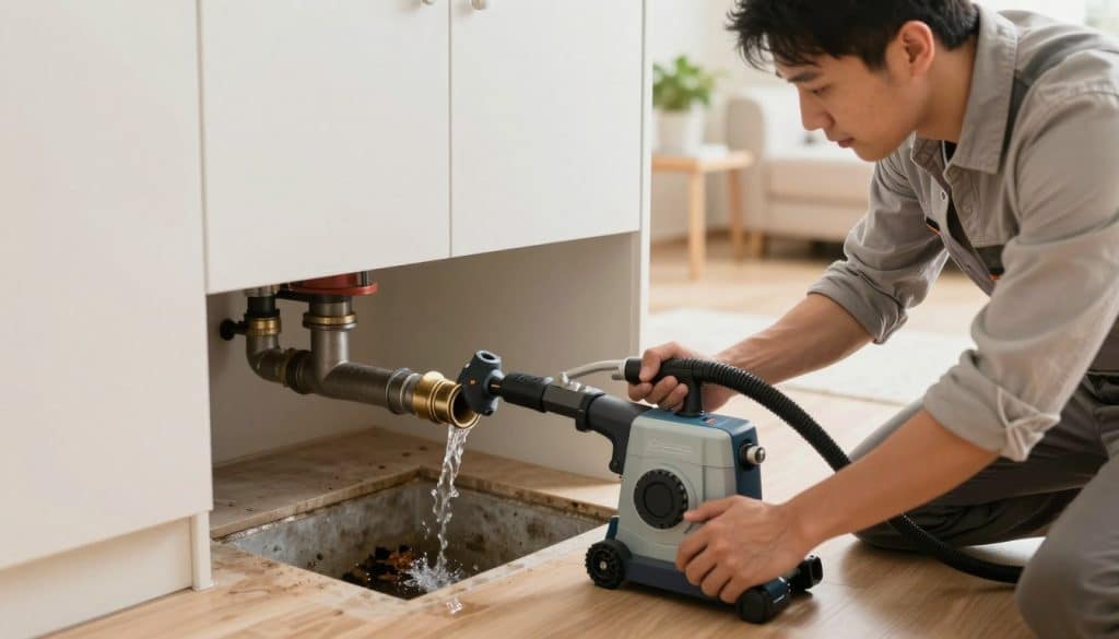 A well-lit indoor scene depicting a professional drain cleaning technician in modest casual clothing actively working on a residential drain. In the foreground, the technician is using a modern drain cleaning machine, demonstrating the equipment and tools involved. The middle ground shows a partially open drain with visible plumbing components, water flowing, and some debris being cleared. In the background, a clean and tidy home environment with warm colors, emphasizing a cozy atmosphere. The lighting is bright and inviting, creating a sense of professionalism and efficiency. The camera angle is slightly elevated, capturing the technician's focused expression and the intricate details of the drain cleaning process without any text or distractions.