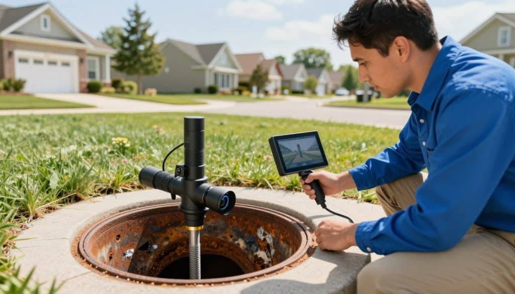 A well-lit scene depicting a professional drain camera inspection in progress. In the foreground, a technician in a neat blue shirt and khaki pants examines a handheld monitor displaying live video footage from a drain camera. The technician's expression is focused and engaged. In the middle, a high-tech camera is positioned inside an open manhole, capturing intricate details of the drain's interior, showcasing rust, debris, and mineral buildup. In the background, a suburban neighborhood with neatly kept houses and trees can be seen under a bright, sunny sky. The atmosphere is informative and professional, highlighting the importance of home maintenance and the technology involved in drain camera inspections. Soft, natural lighting enhances the clarity of the scene.
