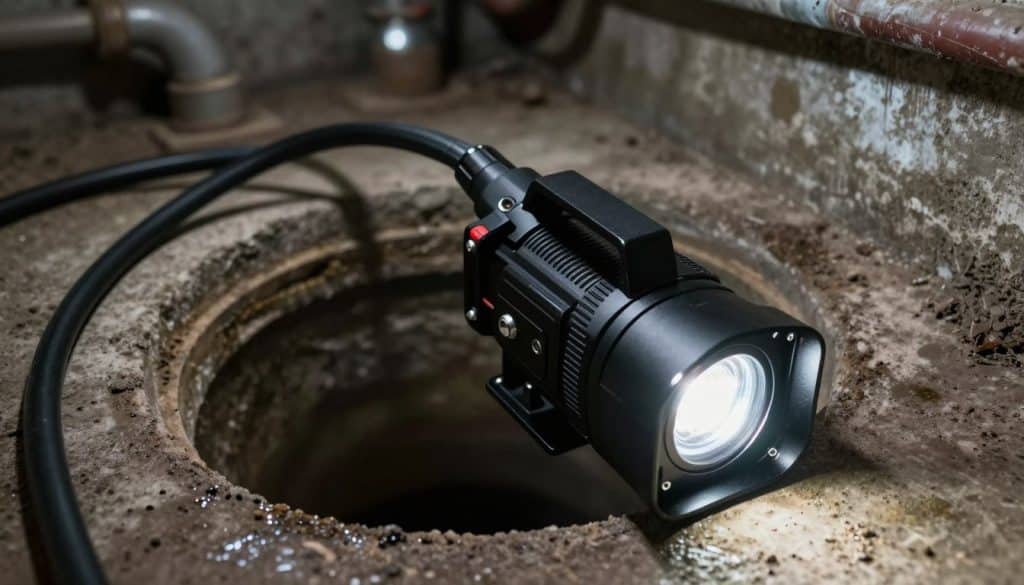 A detailed view of a sewer inspection scene showcasing a modern drain camera inserted into a dark, damp sewer pipe. In the foreground, the camera captures intricate details of the pipe's interior, such as moisture, rust, and debris outlining the walls. The middle ground features a professional inspector wearing a hard hat and safety gear, attentively monitoring a laptop displaying the camera feed, conveying a sense of focus and expertise. The background includes dimly lit utility walls with pipes and tools, creating an industrial atmosphere. The lighting should be soft, with a subtle glow from the laptop screen, casting gentle reflections on the inspector’s face, enhancing the mood of professionalism and efficiency in exploration. What is a drain camera inspection and how does it work? - How much does a drain camera inspection typically cost?