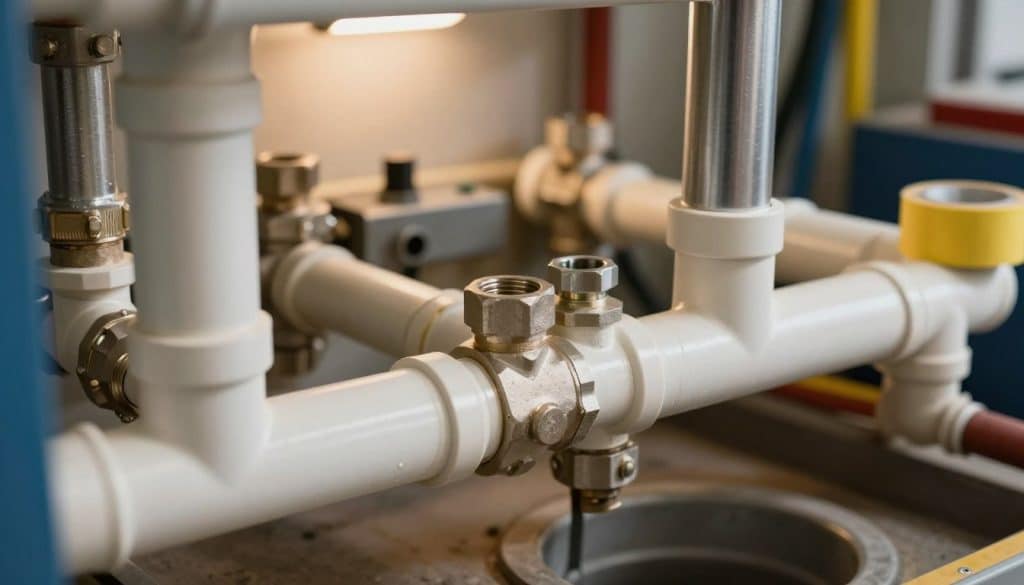 A close-up view of a complex plumbing system featuring various types of pipes, including PVC and metal, arranged in an intricate, professional manner. In the foreground, focus on a section of pipes with visible joints and fittings, showcasing the importance of proper installation to prevent leaks. The middle ground should display additional pipes leading towards a drain, with tools for maintenance subtly included, like a wrench and plumber's tape. In the background, a softly blurred industrial setting suggests a plumbing workshop, illuminated by warm, diffused lighting to create a welcoming atmosphere. Capture the technical essence of plumbing while emphasizing the need for care in drain maintenance. The angle should be slightly above eye level to provide depth and dimension. The overall mood conveys professionalism and reliability.