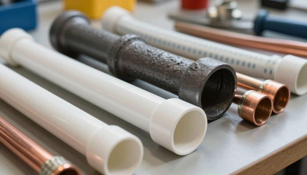 A close-up view of various pipe materials arranged on a well-lit workbench. In the foreground, showcase a section of PVC pipe, its glossy white surface reflecting the overhead lights, alongside a segment of copper pipe with intricate solder joints. In the middle ground, present a textured cast iron pipe with a rugged finish, and a section of flexible PEX tubing coiled neatly. The background features blurred tools and plumbing fittings, suggesting a workshop environment. Use soft, natural lighting to create an inviting atmosphere that highlights the details of the materials. Capture the image from a slightly elevated angle, focusing on the textures and colors to convey the diversity of pipe materials used in plumbing.