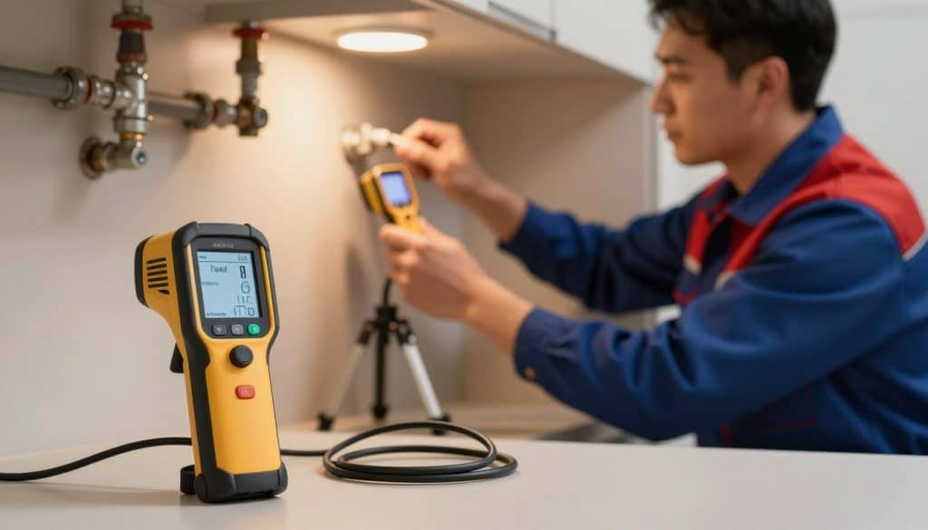 A detailed image of leak detection equipment in an indoor plumbing environment. In the foreground, a professional-grade acoustic leak detector with its display panel activated, showcasing digital readings. Next to it, a robust infrared thermal imaging camera perched on a tripod, capturing temperature differences on a surface. In the middle ground, a plumber in professional work attire is inspecting a wall with a moisture meter, their concentration evident. The background features pipes and plumbing fittings, subtly illuminated by soft, warm lighting to create a focused yet inviting atmosphere. The angle is slightly elevated, offering a comprehensive view of the setup and equipment, emphasizing the modern technology used in plumbing leak detection. The overall mood is professional, highlighting efficiency and expertise in leak detection methods.