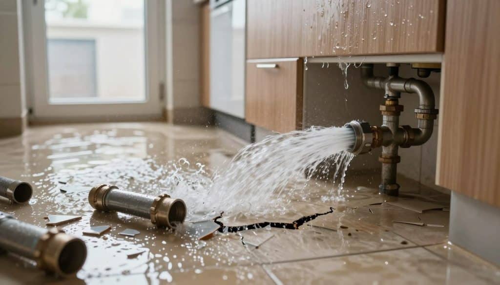 A dramatic scene showcasing burst pipes in a residential setting, with water gushing out forcefully from cracked, metallic plumbing. In the foreground, visible shards of broken pipes scatter across a tiled floor, creating a chaotic atmosphere. The middle ground features a flooded kitchen, with water pooling around cabinets and flowing under furniture, reflecting the urgency of a plumbing emergency. In the background, a window allows natural light to filter in, illuminating the splashing water and emphasizing the severity of the situation. The overall mood conveys a sense of panic and urgency, accentuated by the sheen of water droplets in the light. The scene captures the essence of sudden flooding due to damaged plumbing, encapsulating a plumbing emergency vividly.