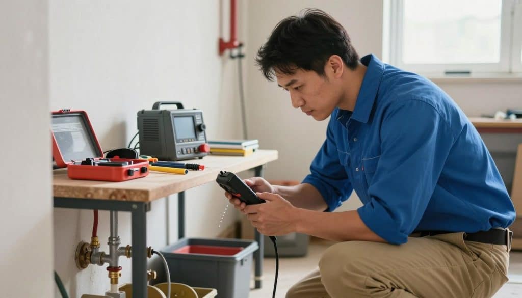 A professional plumber in a bright, well-lit basement, using advanced leak detection equipment. In the foreground, a technician in a blue shirt and khaki pants, focusing intently on a handheld device aimed at a water pipe, detecting a leak. The middle layer features various plumbing tools and equipment neatly arranged on a workbench nearby, emphasizing the non-invasive nature of the service. In the background, a hint of pipes running along the wall, giving context to the plumbing environment. Soft, natural lighting filters in through a small window, creating a calm and trustworthy atmosphere, reflecting the reliability of thorough leak detection services in Chicago, IL. The overall scene conveys professionalism and efficiency in resolving water issues.