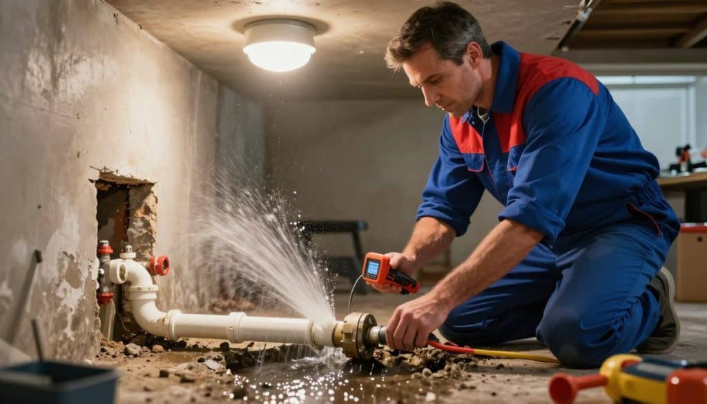 A professional plumber in business attire, inspecting a burst pipe in a residential setting. In the foreground, the plumber, a middle-aged Caucasian man with a focused expression, kneels beside a damaged section of the pipe, using a handheld diagnostic tool. In the middle, a messy water leak sprays out from the burst pipe, creating a sense of urgency. The background features a partially flooded basement with tools and plumbing supplies scattered around. The atmosphere is tense but professional, with warm overhead lighting illuminating the scene, adding a sense of urgency. The shot is taken from a low angle, emphasizing the problem and the plumber's expertise as he assesses the situation. - How do I fix a burst pipe temporarily