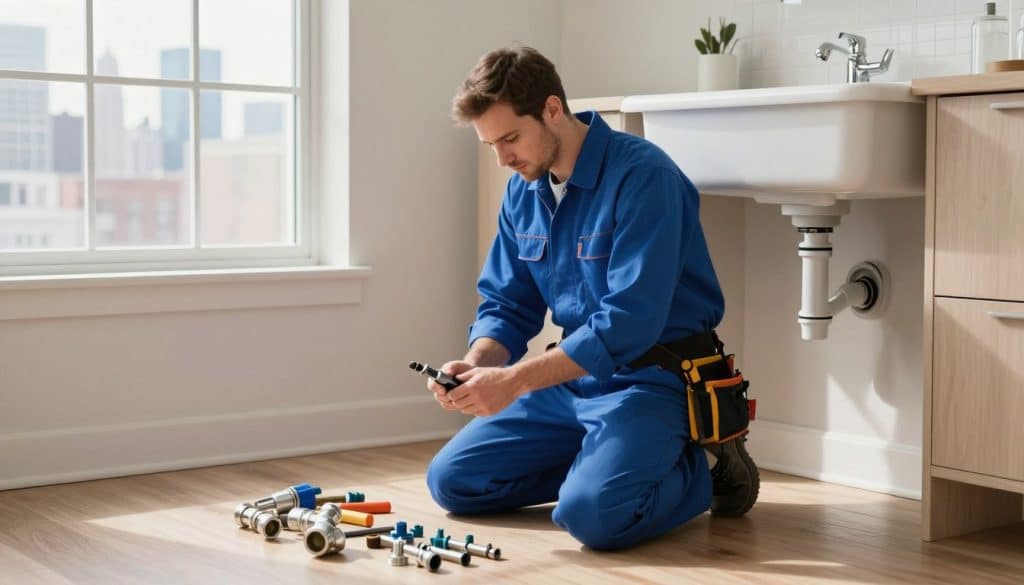 A skilled plumber in a professional blue uniform, complete with a tool belt, kneeling to fix a leaky pipe under a sink in a cozy, well-lit Chicago apartment. The foreground features shiny plumbing tools and parts neatly organized nearby. In the middle ground, the plumber is intently focused on the task, showcasing determination and expertise. The background includes a bright window with a view of Chicago's iconic skyline, lending an urban feel. Natural light pours in, creating a warm and inviting atmosphere. The scene should evoke a sense of reliability and professionalism, capturing the essence of a dependable local plumber ready to provide quality service. A skilled plumber in a professional blue uniform, complete with a tool belt, kneeling to fix a leaky pipe under a sink in a cozy, well-lit Chicago apartment. The foreground features shiny plumbing tools and parts neatly organized nearby. In the middle ground, the plumber is intently focused on the task, showcasing determination and expertise. The background includes a bright window with a view of Chicago's iconic skyline, lending an urban feel. Natural light pours in, creating a warm and inviting atmosphere. The scene should evoke a sense of reliability and professionalism, capturing the essence of a dependable local plumber ready to provide quality service.