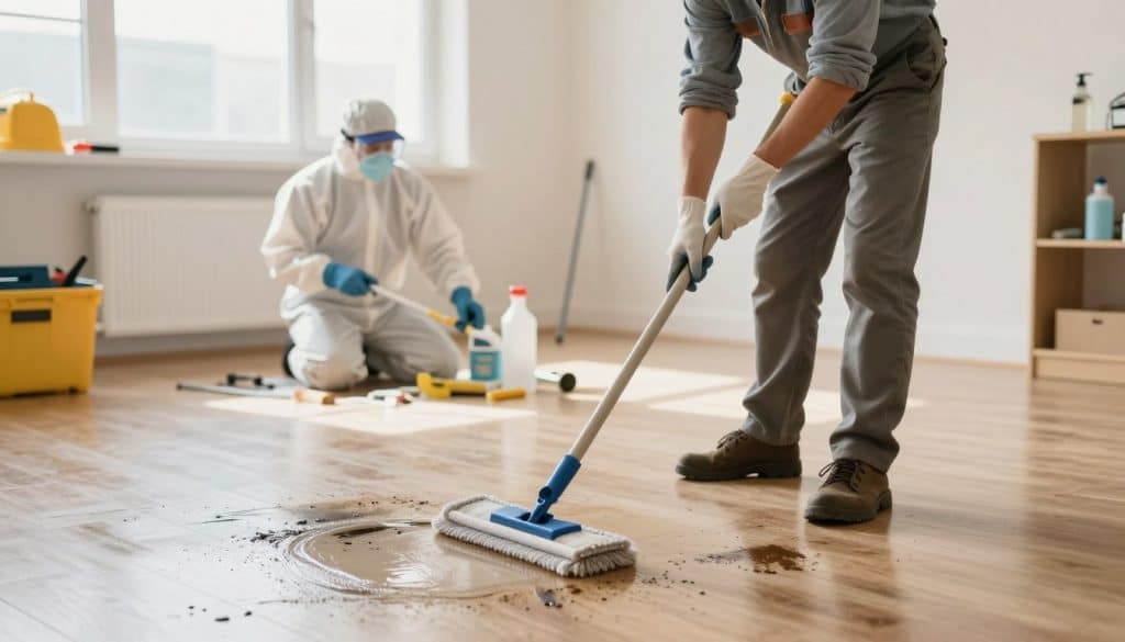 A spacious, well-lit indoor environment depicting a professional plumber in modest casual clothing, meticulously cleaning up after a sewage backup. In the foreground, the plumber, wearing gloves and using industrial cleaning equipment, is actively sanitizing the floor with a mop and disinfectant. The middle ground showcases a mess using visible protective gear, such as goggles and face mask, while focused on ensuring safety. In the background, the room has clear signs of recent cleanup, with shiny surfaces and organized tools. Soft, warm lighting emphasizes the cleanliness and safety of the space, creating a calm and reassuring atmosphere. The angle captures the scene from a slightly elevated perspective, enhancing the sense of thoroughness in the cleaning process. A spacious, well-lit indoor environment depicting a professional plumber in modest casual clothing, meticulously cleaning up after a sewage backup. In the foreground, the plumber, wearing gloves and using industrial cleaning equipment, is actively sanitizing the floor with a mop and disinfectant. The middle ground showcases a mess using visible protective gear, such as goggles and face mask, while focused on ensuring safety. In the background, the room has clear signs of recent cleanup, with shiny surfaces and organized tools. Soft, warm lighting emphasizes the cleanliness and safety of the space, creating a calm and reassuring atmosphere. The angle captures the scene from a slightly elevated perspective, enhancing the sense of thoroughness in the cleaning process.
