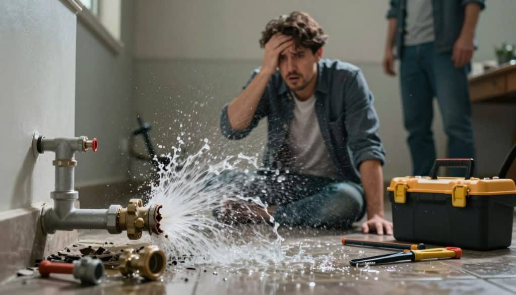 A visually striking image representing the concept of "risk" in plumbing services. In the foreground, a broken pipe bursts with water spraying chaotically, symbolizing unexpected costs and damage. A toolbox lies on the tiled floor, slightly open with some basic tools scattered around, hinting at a lack of expertise. In the middle ground, a worried homeowner with a concerned expression, dressed in modest casual clothing, looks at the mess, emphasizing the emotional aspect of making a poor choice. The background features dim lighting with faint shadows, creating a tense atmosphere. The scene is shot at a low angle to heighten the sense of urgency and drama, with a soft focus around the edges to draw attention to the central chaos. A visually striking image representing the concept of "risk" in plumbing services. In the foreground, a broken pipe bursts with water spraying chaotically, symbolizing unexpected costs and damage. A toolbox lies on the tiled floor, slightly open with some basic tools scattered around, hinting at a lack of expertise. In the middle ground, a worried homeowner with a concerned expression, dressed in modest casual clothing, looks at the mess, emphasizing the emotional aspect of making a poor choice. The background features dim lighting with faint shadows, creating a tense atmosphere. The scene is shot at a low angle to heighten the sense of urgency and drama, with a soft focus around the edges to draw attention to the central chaos.