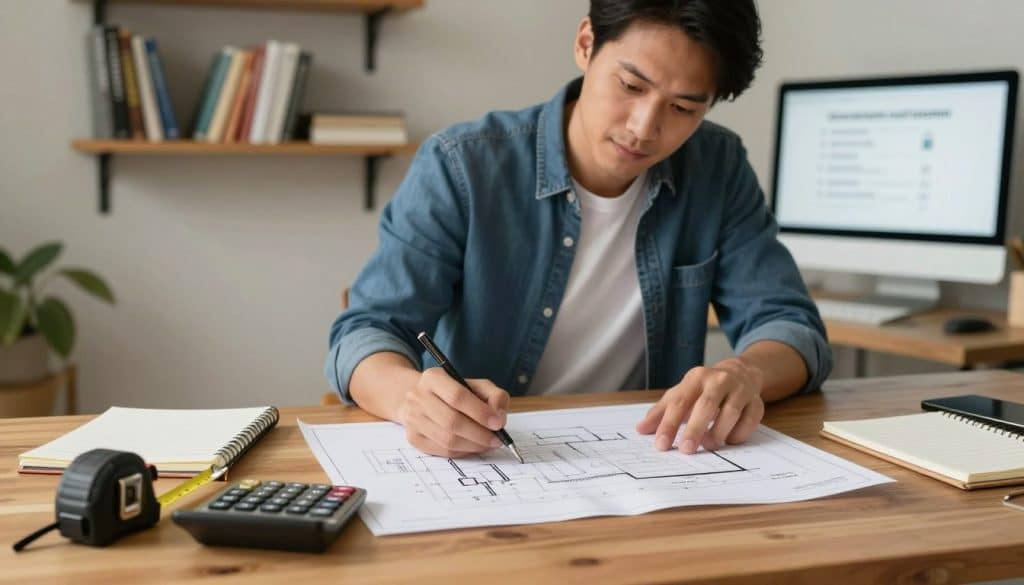 A well-organized home office scene illustrating the theme "estimate your project before you call plumbers." In the foreground, a wooden desk with plumbing diagrams, cost estimations, and a calculator surrounded by tools like a tape measure and a notepad. In the middle, a thoughtful professional in smart casual attire, reviewing the plans, looking focused yet approachable. The background features a wall-mounted shelf with plumbing books and a computer displaying plumbing cost formulas. Warm, soft lighting creates a cozy atmosphere, suggesting productivity and clarity, with a slight depth of field focus that emphasizes the desk and the professional. The color palette is calm yet inspiring, incorporating shades of blue and brown.