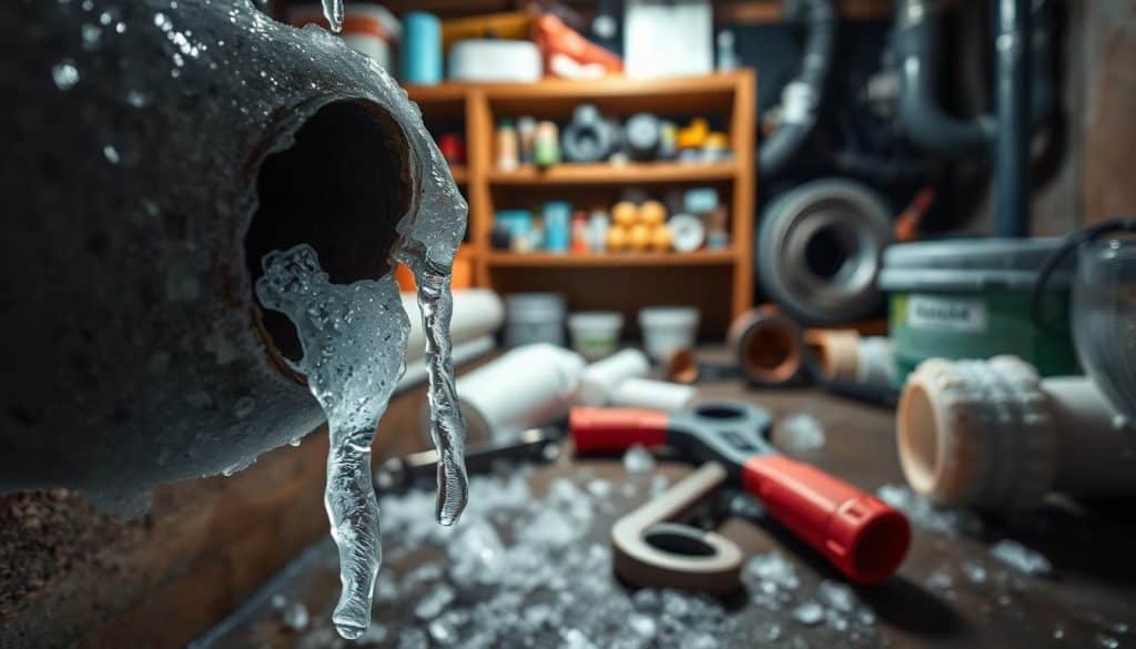 A close-up of frozen pipes in a residential basement setting, showcasing ice crystals and frost forming around metal and plastic piping. The foreground features a damaged section of a pipe, with icicles hanging, emphasizing the severity of the freeze. In the middle ground, tools like a wrench and pipe insulation are scattered, indicating a recent attempt to address the problem. The background consists of dimly lit shelving filled with plumbing supplies, creating a utilitarian atmosphere. Soft, cool lighting highlights the frosty details, casting gentle shadows to enhance the texture of the ice. The mood is tense and urgent, suggesting the need for immediate action to prevent further damage.