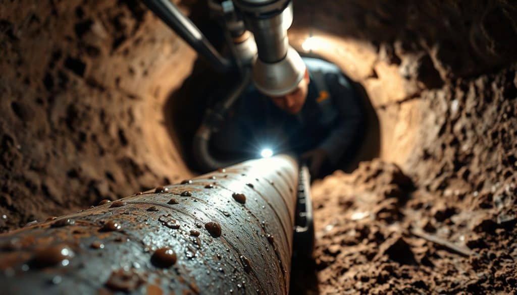 A close-up view of a sewer line being inspected, with a technician in professional attire using specialized tools, set in a well-lit underground environment. The foreground features the textured surface of the sewer pipe, showcasing its metallic and slightly rusted surface, with drops of water glistening in the light. In the middle ground, the technician is focused on examining the pipe with a flashlight, revealing the intricacies of the line and its joints. The background displays the earthy, damp surroundings of the sewer system, with shadows cast by overhead lighting creating a contrast between light and dark areas. The atmosphere is serious and industrious, emphasizing the technical nature of sewer line replacement work. The angle captures a dynamic perspective, enhancing the depth of the scene. A close-up view of a sewer line being inspected, with a technician in professional attire using specialized tools, set in a well-lit underground environment. The foreground features the textured surface of the sewer pipe, showcasing its metallic and slightly rusted surface, with drops of water glistening in the light. In the middle ground, the technician is focused on examining the pipe with a flashlight, revealing the intricacies of the line and its joints. The background displays the earthy, damp surroundings of the sewer system, with shadows cast by overhead lighting creating a contrast between light and dark areas. The atmosphere is serious and industrious, emphasizing the technical nature of sewer line replacement work. The angle captures a dynamic perspective, enhancing the depth of the scene.