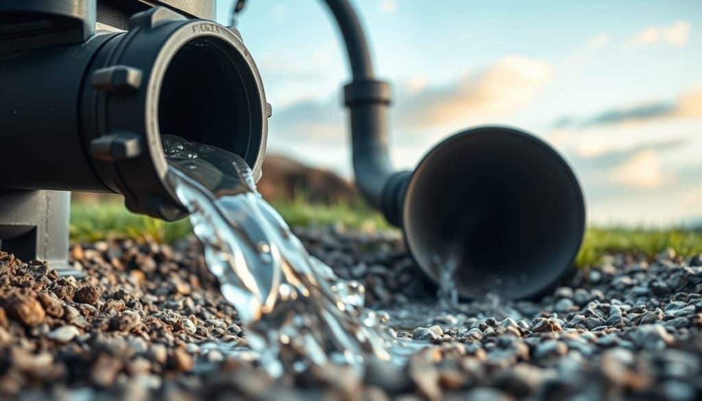A close-up view of a sump pump discharge system, showcasing the clear flow of water exiting the discharge pipe into a gravel drainage area. In the foreground, detailed textures of the pump mechanism can be seen, highlighting the connections and sealing components. The middle ground features a well-installed discharge pipe, positioned at an optimal angle for drainage, surrounded by small rocks and grass to indicate proper landscaping. In the background, a subtle blue sky with soft white clouds suggests a calm day. Soft, natural lighting illuminates the scene, enhancing the water’s movement and the clarity of the materials. The overall atmosphere is one of professionalism and efficiency, aiming to convey the importance of proper sump pump installation while avoiding common DIY problems.