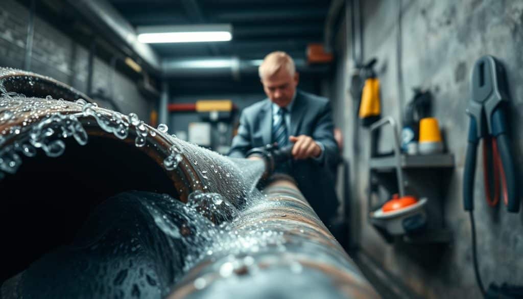 A close-up view of an older, fragile pipe system undergoing hydro jetting, showing high-pressure water cleaning debris inside the pipe. In the foreground, water sprays from the nozzle, creating dynamic movement. The middle layer features a technician in professional business attire, focused and carefully inspecting the pipe while operating the hydro jetting equipment. In the background, a dimly lit maintenance room with tools and safety gear, evoking a sense of professionalism and caution. Soft, ambient lighting highlights the scene, creating a serious yet reassuring mood. The lens captures a shallow depth of field, emphasizing the pipe and technician while gently blurring the background elements, ensuring the focus remains on the hydro jetting process. A close-up view of an older, fragile pipe system undergoing hydro jetting, showing high-pressure water cleaning debris inside the pipe. In the foreground, water sprays from the nozzle, creating dynamic movement. The middle layer features a technician in professional business attire, focused and carefully inspecting the pipe while operating the hydro jetting equipment. In the background, a dimly lit maintenance room with tools and safety gear, evoking a sense of professionalism and caution. Soft, ambient lighting highlights the scene, creating a serious yet reassuring mood. The lens captures a shallow depth of field, emphasizing the pipe and technician while gently blurring the background elements, ensuring the focus remains on the hydro jetting process.