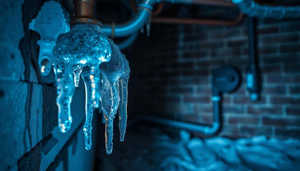 A close-up view of frozen pipes emerging from a wall, icicles hanging from their edges, and frost visibly coating the metal surface. In the foreground, detailed ice crystals sparkle in the ambient light, highlighting the extreme cold. In the middle ground, the pipes are tightly packed together, illustrating the potential for damage. The background features a dimly lit basement setting, with exposed bricks and a faint silhouette of a water meter, enhancing the atmosphere of neglect and winter chill. The lighting is soft and cool, evoking a sense of coldness, with subtle blue hues casting shadows across the scene. The overall mood is somber and cautionary, reflecting the risks of frozen plumbing.