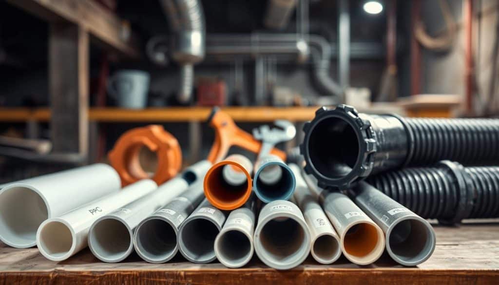 A detailed composition showcasing various pipe materials used in sewer line installations, prominently featuring three types: PVC pipes, HDPE pipes, and cast iron pipes. In the foreground, neatly arranged sections of each pipe type should be displayed on a clean workbench, with labels for clarity. The middle layer should depict tools and installation equipment, like a pipe cutter and wrench, subtly blurring to emphasize the pipes. The background should feature a dimly lit sewer construction site, with soft, ambient lighting to create a professional atmosphere. Use a shallow depth of field to focus on the pipe materials while maintaining a slight soft glow around them, enhancing their textures and colors. The overall mood should be informative and industrial, capturing the essence of plumbing work. A detailed composition showcasing various pipe materials used in sewer line installations, prominently featuring three types: PVC pipes, HDPE pipes, and cast iron pipes. In the foreground, neatly arranged sections of each pipe type should be displayed on a clean workbench, with labels for clarity. The middle layer should depict tools and installation equipment, like a pipe cutter and wrench, subtly blurring to emphasize the pipes. The background should feature a dimly lit sewer construction site, with soft, ambient lighting to create a professional atmosphere. Use a shallow depth of field to focus on the pipe materials while maintaining a slight soft glow around them, enhancing their textures and colors. The overall mood should be informative and industrial, capturing the essence of plumbing work.